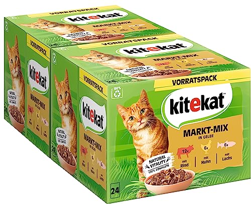 Kitekat Katzenfutter Nassfutter Markt-Mix in Gelee – Feuchtfutter in 48 Portionsbeuteln – 2er Pack (2 x 24 Portionsbeutel à 85g) von Kitekat