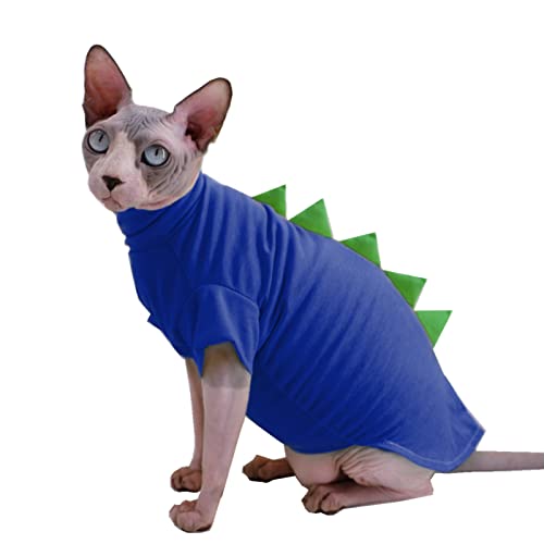 Dinosaurier-Design Sphynx haarlose Katzenkleidung, niedlich, atmungsaktiv, Sommer-Baumwollhemden, Katzen-Kostüm, Haustierkleidung, runder Kragen, Kätzchen-T-Shirts mit Ärmeln, Größe XL, Blau von Kitipcoo