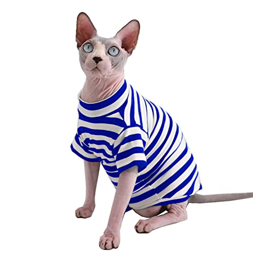 Sphynx Haarlose Katze Rot Streifen Atmungsaktive Sommer Baumwolle T-Shirts Haustierkleidung Rundkragen Weste Kätzchen Shirts ärmellos Katzen & kleine Hunde Bekleidung (L(3-4 kg), Blau gestreift) von Kitipcoo