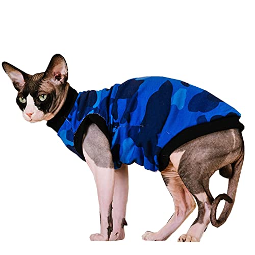 Sphynx Haarlose Katze Sommer Baumwolle T-Shirts Katzenweste Haustier Kleidung, Rundkragen Weste Kätzchen Shirts ärmellos Katzen & kleine Hunde Bekleidung (Blau Camo, Größe S) von Kitipcoo