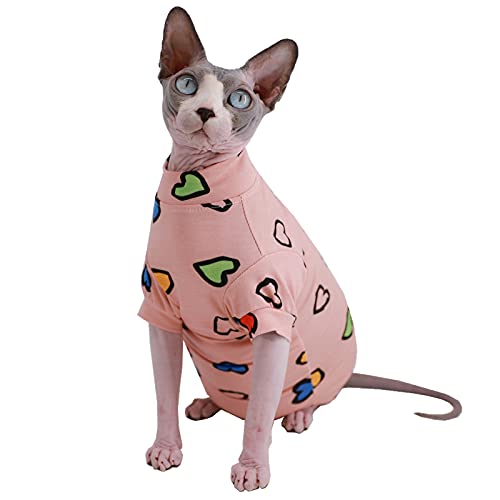 Sphynx Haarlose Katze süße Sommer-T-Shirts aus Baumwolle, Haustierkleidung, runder Kragen, Kätzchen-Shirt, Katzenbekleidung (M (2,5–3 kg), buntes Herz) von Kitipcoo