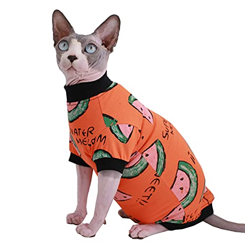 Sphynx Haarlose Katze süße Sommer-T-Shirts aus Baumwolle, Haustierkleidung, runder Kragen, Kätzchen-Shirt, Katzenbekleidung (M (2,5–3 kg), orangefarbene Wassermelone) von Kitipcoo