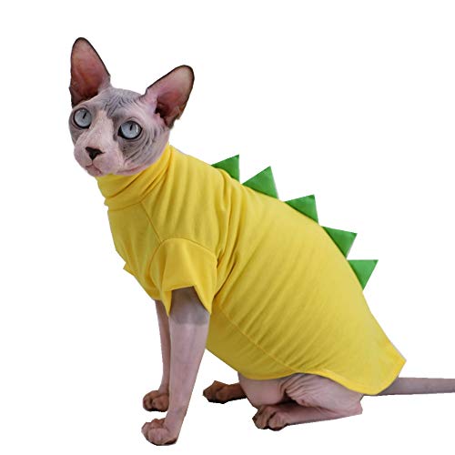 Sphynx Haarlose Katzenbekleidung mit Dinosaurier-Design, niedlich, atmungsaktiv, Sommer-Shirt, Katzenkostüm, Haustierkleidung, runder Kragen, Kleidung (S (0.9–1.6 kg), Gelb) von Kitipcoo