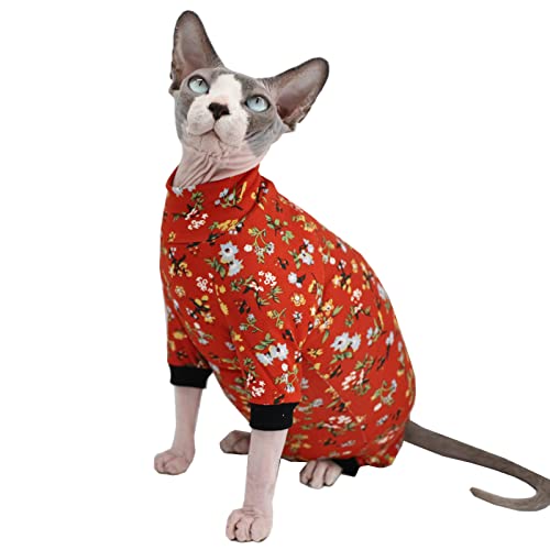 Sphynx Haarloser Katzen-Pyjama, 4 Beine, atmungsaktiv, für den Sommer, Viskose, elastisch, für Haustiere, zur Erholung, für Katzen, Katzen, T-Shirts,3.2 kg), Vintage-rote Blumen von Kitipcoo