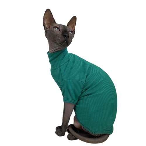 Sphynx Haarloses Katzenhemd aus Baumwolle, Katzen-Rollkragenpullover, Pullover, Kätzchen-T-Shirts mit Ärmeln, Katzen-Pyjama, Jumpsuit für Sphynx Cornish Rex, Devon Rex, Peterbald (Medium (1 Stück), Pfauengrün) von Kitipcoo