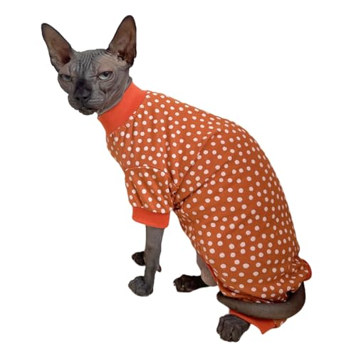 Sphynx Katzen-Schlafanzug mit vier Beinen, Baumwolle, elastische Haustierkleidung für haarlose Katzen, Operationsanzug, Unterhemd, Thermokleidung für Sphynx, Devon, Cornish (weiße Punkte, L) von Kitipcoo