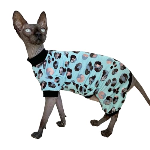 Sphynx Katzen-Schlafanzug mit vier Beinen, Baumwolle, elastische Haustierkleidung für haarlose Katzen, Operationsanzug, Unterhemd, Thermokleidung für Sphynx, Devon, Kornisch (Mint Leopard, L) von Kitipcoo