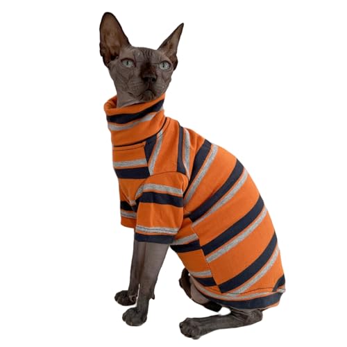 Sphynx Katzen-Shirt, Vintage-Streifen, haarlos, Baumwolle, Rollkragen, Haustierkleidung, Kätzchen, T-Shirts mit Ärmeln für Sphynx-Katzen, Orange, Größe XXL von Kitipcoo