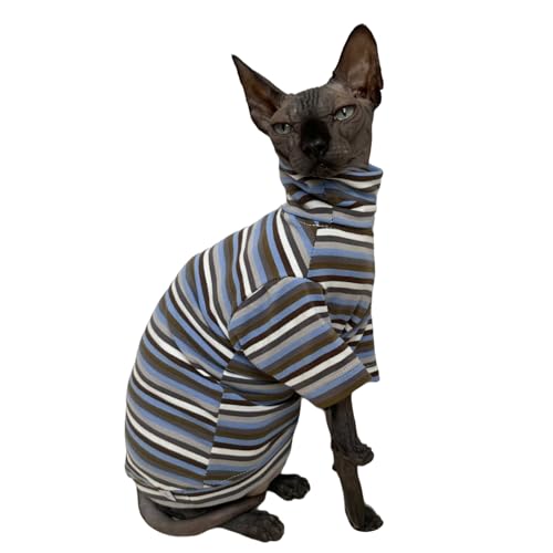 Sphynx Katzen-Shirt, Vintage-Streifen, haarlos, Baumwolle, Rollkragen, Haustierkleidung, Kätzchen, T-Shirts mit Ärmeln für Sphynx-Katzen, Sturm, Größe XL von Kitipcoo