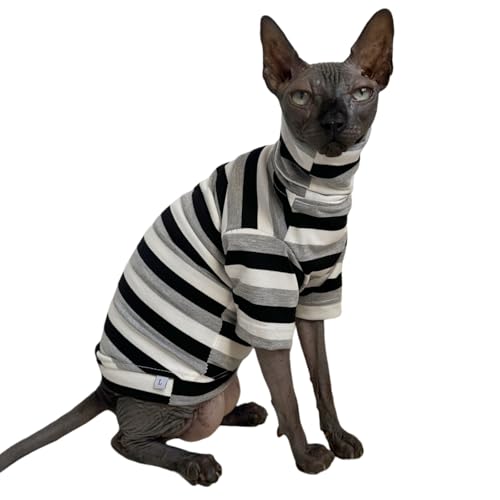 Sphynx Katzen-Shirt, Vintage-Streifen, haarlos, Baumwolle, Rollkragen, Haustierkleidung, Kätzchen, T-Shirts mit Ärmeln für Sphynx-Katzen (Schwarz/Grau/Weiß, Größe L) von Kitipcoo