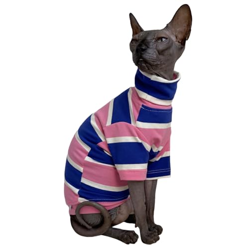 Sphynx Katzen-Shirt, Vintage-Streifen, haarlos, Baumwolle, Rollkragen, Haustierkleidung, Kätzchen, T-Shirts mit Ärmeln für Sphynx-Katzen (breit, rosa-blau gestreift, Größe XX-Large) von Kitipcoo
