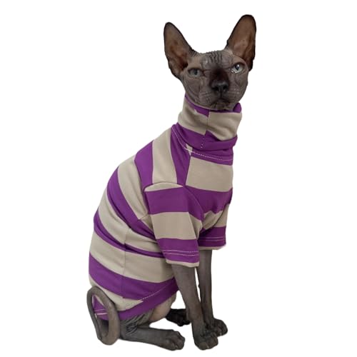 Sphynx Katzen-Shirt, Vintage-Streifen, haarlos, Baumwolle, Rollkragen, Haustierkleidung, Kätzchen, T-Shirts mit Ärmeln für Sphynx-Katzen (breit, violett-grau gestreift, groß) von Kitipcoo