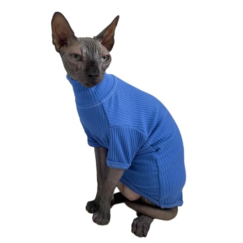 Sphynx Katzen Shirt Katze Rollkragen Baumwolle Pullover Kätzchen T-Shirts mit Ärmeln Katze Pyjama Overall für Sphynx Cornish Rex, Devon Rex, Peterbald (Medium (1er Pack), Deep Blue) von Kitipcoo
