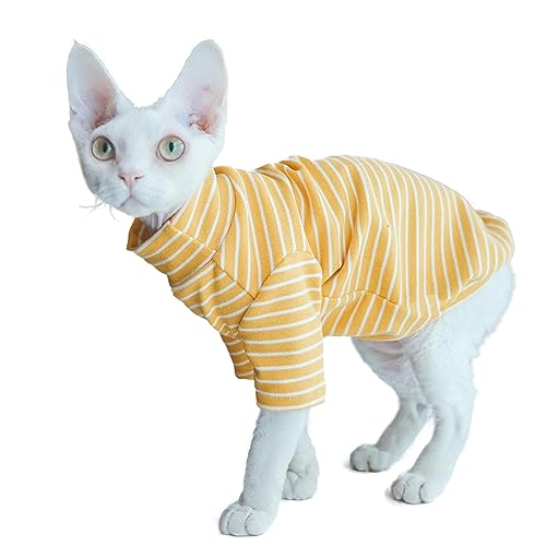 Sphynx Katzen Warmes Fleece-Shirt Katze Rollkragen Unterhemd Thermo Haarlose Katzenkleidung für Sphynx, Devon, Cornish Katzenkleidung und kleine Kätzchen und Hunde (Gelb Bold Stripe, Large) von Kitipcoo