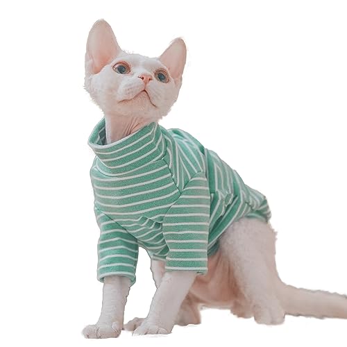 Sphynx Katzen Warmes Fleece-Shirt Katze Rollkragen Unterhemd Thermo Haarlose Katzenkleidung für Sphynx, Devon, Cornish Katzenkleidung und kleine Kätzchen und Hunde (Grün Bold Stripe, Large) von Kitipcoo