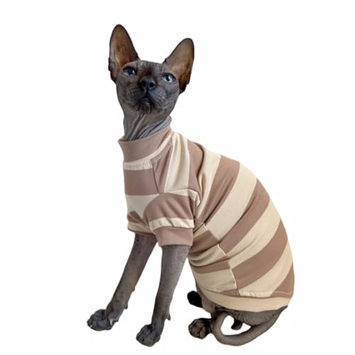 Sphynx Katzenkleidung, Hemden für haarlose Katzen, breite Streifen, Katzenbekleidung, Kätzchen, Sommer-Baumwoll-T-Shirts mit Ärmeln für Cornish Rex, Devon Rex, Peterbald (Kaffee, Größe XXL) von Kitipcoo