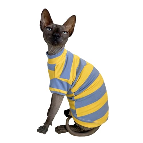 Sphynx Katzenkleidung, Shirts für haarlose Katzen, breite Streifen, Katzenbekleidung, Kätzchen, Sommer-Baumwoll-T-Shirts mit Ärmeln für Cornish Rex, Devon Rex, Peterbald (Blau und Gelb, Größe XXL) von Kitipcoo