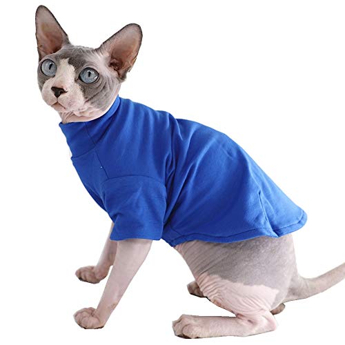 Sphynx Katzenkleidung Winter Dicke Baumwolle T-Shirts Doppellagige Haustierkleidung Pullover Kätzchen Shirts mit Ärmeln Haarlos Katze Pyjama Bekleidung für Katzen & Kleine Hunde (M (2,5-3,2 kg), Blau) von Kitipcoo