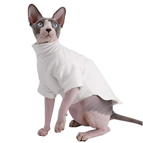 Sphynx Katzenkleidung Winter Dicke Baumwolle T-Shirts Doppellagige Haustierkleidung Pullover Kätzchen Shirts mit Ärmeln Haarlos Katze Pyjama Bekleidung für Katzen & Kleine Hunde (S (1,5-2,3 kg), Weiß) von Kitipcoo