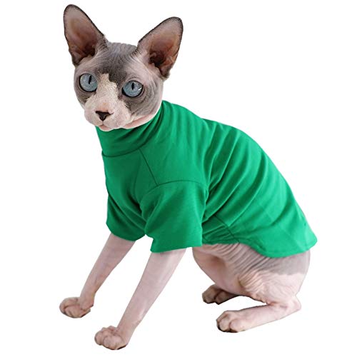 Sphynx Katzenkleidung Winter Dicke Baumwolle T-Shirts Doppellagige Haustierkleidung Pullover Kätzchen Shirts mit Ärmeln Haarlos Katze Pyjama Bekleidung für Katzen & Kleine Hunde (S (1,5-2,3 kg), Grün) von Kitipcoo