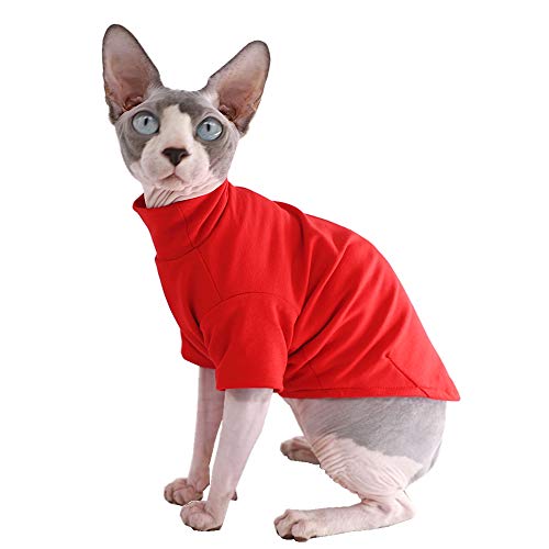 Sphynx Katzenkleidung Winter Dicke Baumwolle T-Shirts Doppellagige Haustierkleidung Pullover Kätzchen Shirts mit Ärmeln Haarlos Katze Pyjama Bekleidung für Katzen & kleine Hunde (S (1,5-2,3 kg), Rot) von Kitipcoo