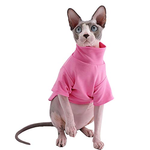 Sphynx Katzenkleidung Winter Dicke Baumwolle T-Shirts Doppellagige Haustierkleidung Pullover Kätzchen Shirts mit Ärmeln Haarlos Katze Pyjama Bekleidung für Katzen & kleine Hunde (S (1,5-2,3 kg), Pink) von Kitipcoo