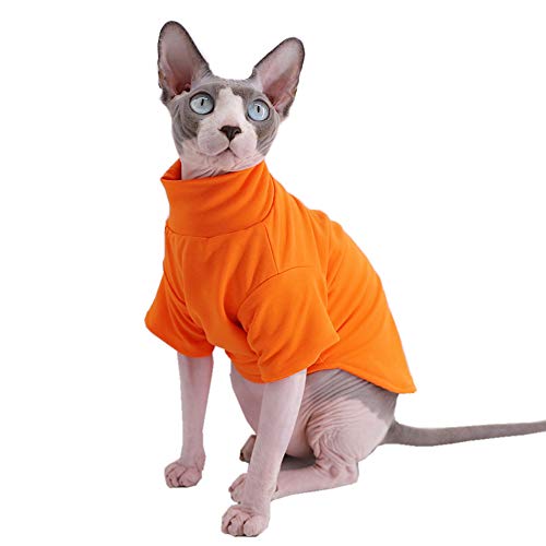 Sphynx Katzenkleidung Winter Dicke Baumwolle T-Shirts Doppellagige Haustierkleidung Pullover Kätzchen Shirts mit Ärmeln Haarlose Katze Pyjama Bekleidung für Katzen & kleine Hunde (L(4-5 kg), Orange) von Kitipcoo
