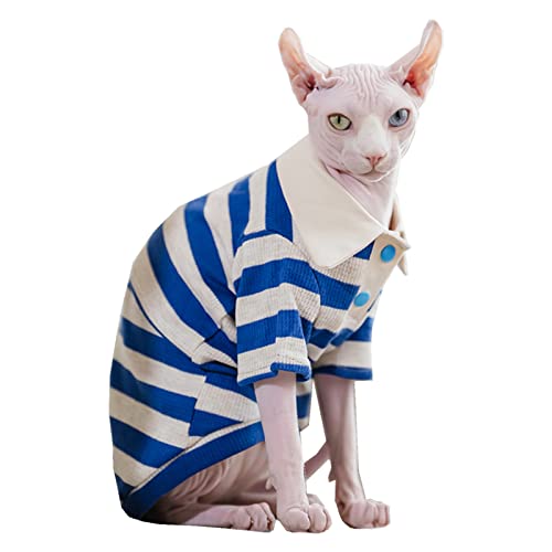 Sphynx Katzenshirt Baumwolle Haarloses Kätzchen Polo T-Shirt mit Ärmeln Pullover Katzenpyjama für Sphynx Cornish Rex, Devon Rex, Peterbald (Blauweißes Polo, Medium) von Kitipcoo