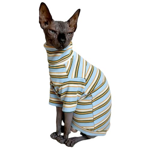 Sphynx Rollkragen-T-Shirt, Vintage-Streifen, haarlos, Baumwolle, Haustierkleidung, Weste, Kätzchen, ärmellos, Kleidung für Katzen und kleine Hunde, Hellblau, Größe S (1er-Pack) von Kitipcoo