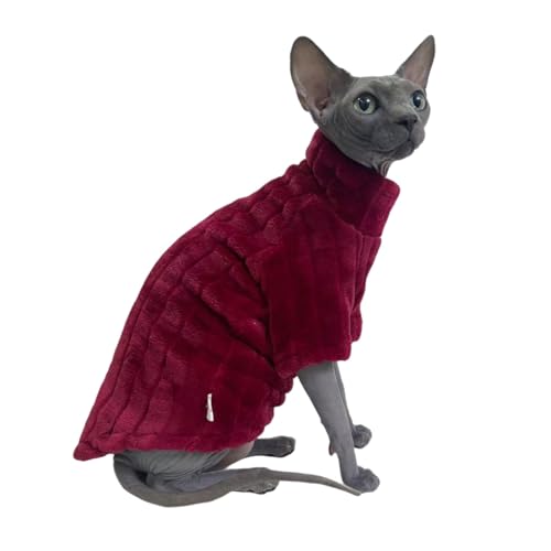 Sphynx Rollkragenpullover für Katzen aus weichem Korallen-Fleece, dick, warm, Winter-Outfit, Mantel für haarlose Katzen und kleine Hunde, Kleidung mit Ärmeln (Wein, Größe XL (4,1–5,9 kg)) von Kitipcoo