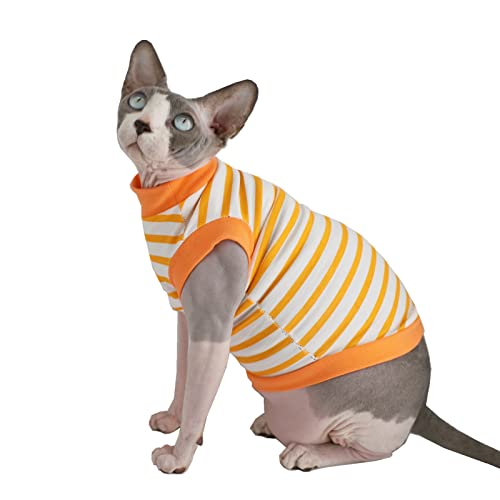 Sphynx Sommer-T-Shirts für Katzen, ohne Haare, Baumwolle, Rundhalsausschnitt, ärmellos, für Katzen und kleine Hunde (XL, orangefarbene Streifen) von Kitipcoo