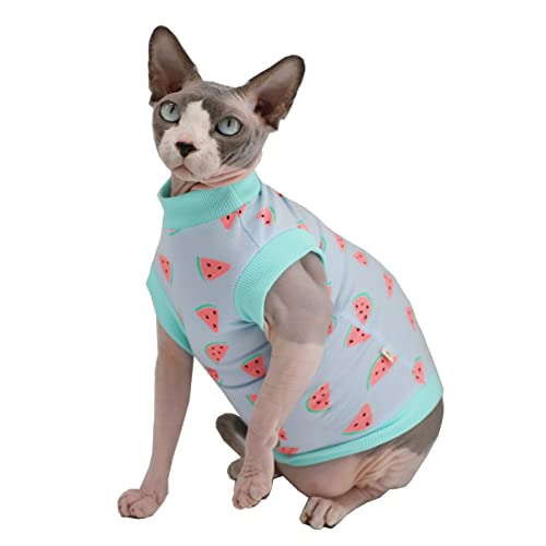 Sphynx Sommer-T-Shirts für Katzen, ohne Haare, Baumwolle, mit rundem Kragen, ärmellos, für Katzen und kleine Hunde (klein, Minzgrün, Wassermelone) von Kitipcoo