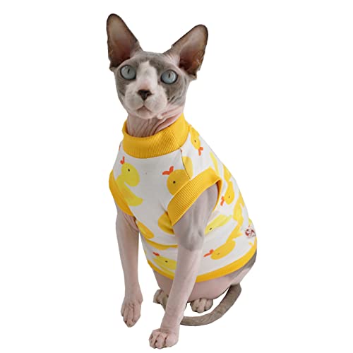 Sphynx Sommer-T-Shirts für Katzen, ohne Haare, Baumwolle, runder Kragen, Weste, Kätzchen-Shirts, ärmellos, für Katzen und kleine Hunde (Größe XL, gelbe Enten) von Kitipcoo