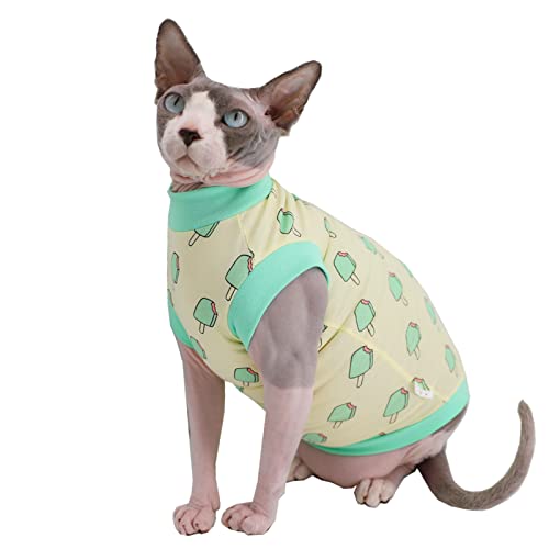 Sphynx Sommer-T-Shirts für Katzen, ohne Haare, Baumwolle, runder Kragen, Weste, Kätzchen-Shirts, ärmellos, für Katzen und kleine Hunde (Größe XL, grünes Eis am Stiel) von Kitipcoo