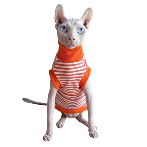 Sphynx Sommer-T-Shirts für Katzen, ohne Haare, Baumwolle, runder Kragen, Weste, Kätzchenhemden, ärmellos, für Katzen und kleine Hunde, Größe L, orangefarbene Streifen von Kitipcoo