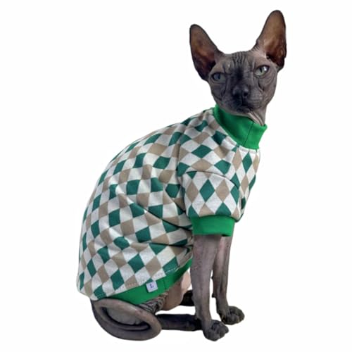 Vintage Mulan Baumwolle Sphynx haarlose Katzen Shirt Katze Rollkragen Haustier Kleidung Kätzchen T-Shirts mit Ärmeln für Sphynx Cornish Rex, Devon Rex, Peterbald (Rhombus Green, L) von Kitipcoo