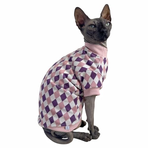Vintage Mulan Baumwolle Sphynx haarlose Katzen Shirt Katze Rollkragen Haustier Kleidung Kätzchen T-Shirts mit Ärmeln für Sphynx Cornish Rex, Devon Rex, Peterbald (Rhombus Pink, S) von Kitipcoo