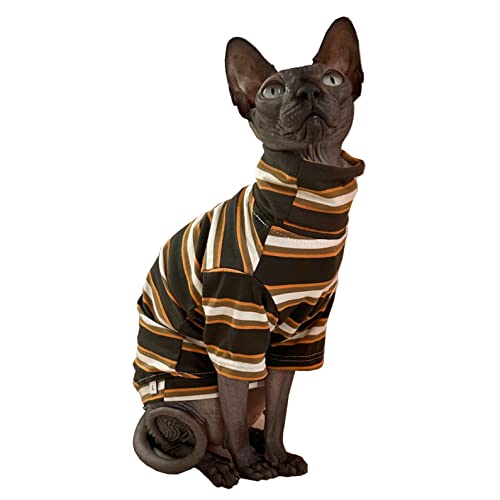 Vintage Stripes Sphynx Haarloses Katzenhemd Baumwolle Katze Rollkragen Haustier Kleidung Kätzchen T-Shirts mit Ärmeln für Sphynx Cornish Rex, Devon Rex, Peterbald (Gelb Streifen, Small (1 Pack)) von Kitipcoo