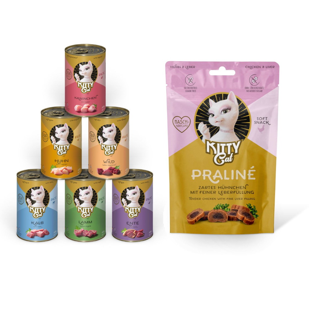 6 x 400 g KITTY Cat Adult Pate + 50 g Praliné Snack Huhn & Leber gratis! - Mix I (6 Sorten) von Kitty Cat