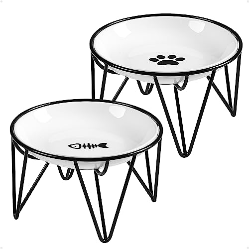Keramik-Katzenschüsseln, 2er-Pack - Raised, Whisker Friendly, Anti-Vomiting Cat Food Plates - Hygienisches, sicheres Material, eleganter Stand, 10 oz, für Indoor Cats & Kittens von Kitwinney