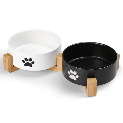 Kitwinney Großer Hundenapf, rutschfest, schwere Keramik, Futter- und Wassernapf mit Silikonboden, 20,3 cm, für kleine, mittelgroße und große Hunde (2 Näpfe + 1 Ständer, Schwarz und Weiß, 13 cm) von Kitwinney