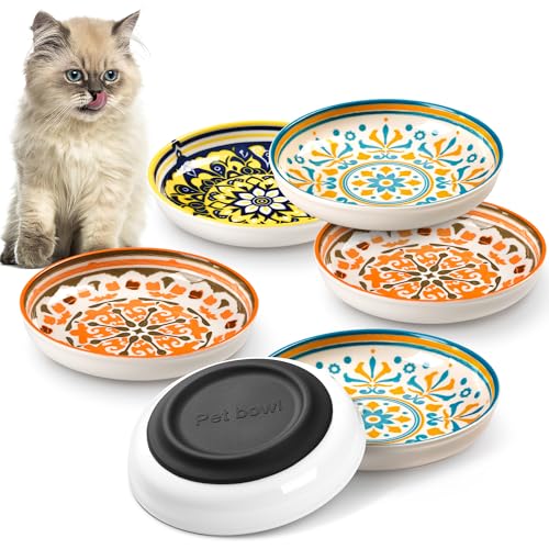 Kitwinney Rutschfeste Katzennäpfe Keramik Katzenfutter Schüssel Set mit Silikonboden Katzen Geschirr Niedliche Teller zum Füttern von Indoor-Katzen Kätzchen Kleine Hunde (Multi6, Tiefer) von Kitwinney
