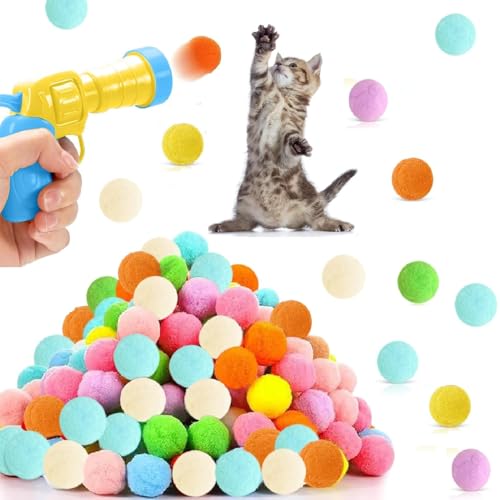 Kiuiom Katzenspielzeug Ball Pistole, Katzenspielzeug Pompons, Katzenspielzeug Ballwerfer, 100PCS Pompons 1PC Ballwerfer Interaktives Launch-Training Bunte Katzenplüsch Spielzeug von Kiuiom