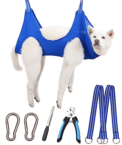 Kkiimatt 10-in-1 Haustierpflege-Hängemattengeschirr mit Nagelknipser/Trimmer, Nagelfeile, Kamm, Hunde-Nagel-Hängematte, Hundepflege-Schlinge zum Nageltrimmen/Schneiden (XL/unter 36,3 kg, Blau) von Kkiimatt