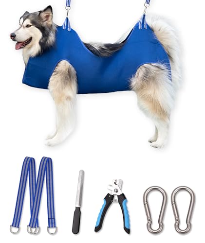 Kkiimatt 10-in-1 Haustierpflege-Hängemattengeschirr mit Nagelknipser/Trimmer, Nagelfeile, Kamm, Hunde-Nagel-Hängematte, Hundepflege-Schlinge zum Nageltrimmen/Schneiden (XXXL/unter 63,5 kg, blau) von Kkiimatt