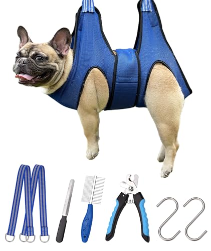 Kkiimatt Hundepflege-Hängematte, Haustier-Hängemattengeschirr für mittelgroße Hunde/Riesenkatzen, Nageltrimmen mit Clippern/Feile, breiter Gurt, angenähter Haustier-Fesselbeutel, Blau von Kkiimatt
