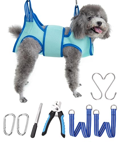 Kkiimatt Haustierpflege-Hängemattengeschirr,Hundepflege-Hängematte kleine Hunde,Hundenageltrimm-Hängematte mit Nagelknipser,Hundehängematte zur Pflege mit breitem Riemen (X-Small 5 KG Max/Türkis) von Kkiimatt