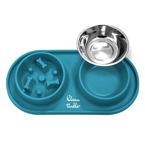 Haustier-Hundenapf-Set – rutschfester, abnehmbarer doppelter Futternapf mit rutschfester Silikonmatte – Edelstahl-Wassernapf für Katzen und Haustiere – eine schöne schmutzige blaue Farbe Haustier-Hundenapf-Set – rutschfester, abnehmbarer doppelter Futternapf mit rutschfester Silikonmatte – Edelstahl-Wassernapf für Katzen und Haustiere – eine schöne schmutzige blaue Farbe von Klean Tinkle