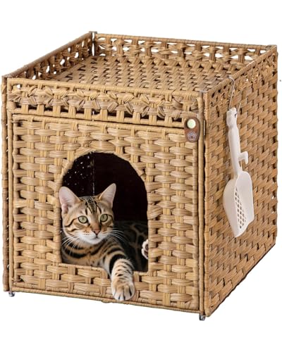 Klippehop Katzentoilette Gehege, Handgewebtes PE-Rattan-Katzenhaus mit Matte und S-Haken, versteckte Katzentoilette Möbel für Wohnzimmer, Schlafzimmer, Balkon, 47x52x48,5cm, Natur von Klippehop