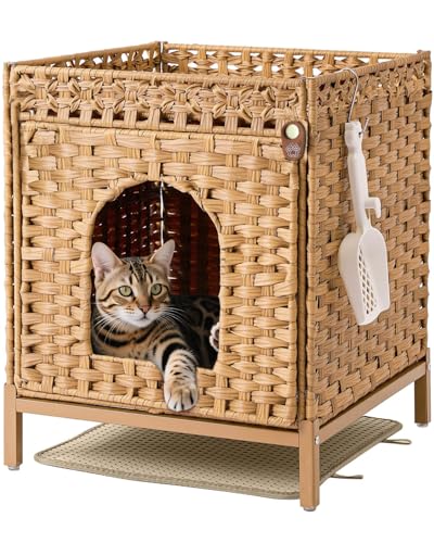 Klippehop Katzentoilette mit erhöhten Metallfüßen, handgewebtes PE-Rattan-Katzenhaus mit Matte und S-Haken, versteckte Katzentoilette Möbel für Wohnzimmer, Schlafzimmer, Balkon, 47 x 52 x 59 cm, Natur von Klippehop